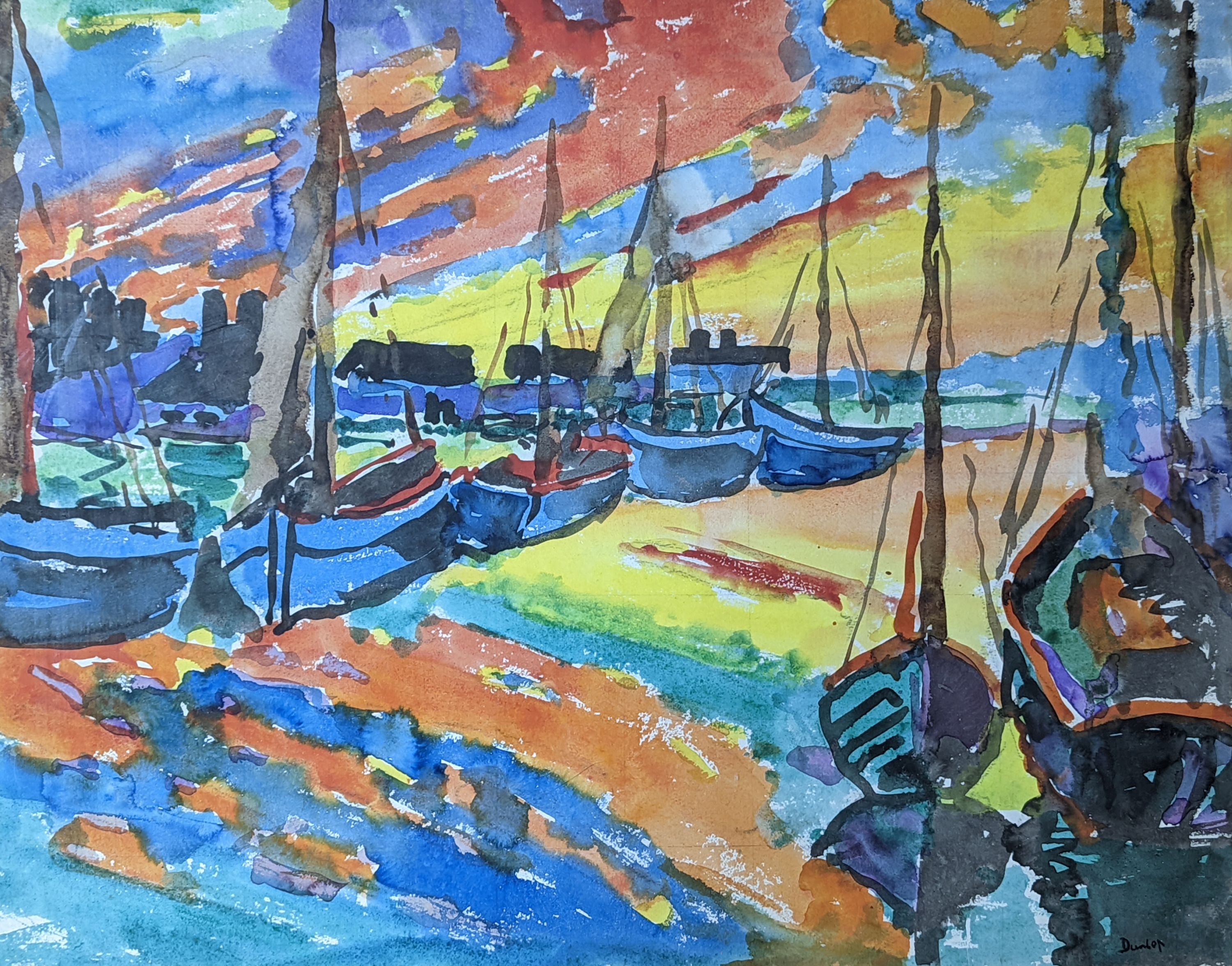 Attributed to Ronald Ossory Dunlop (1894-1973), watercolour, Fishing boats in harbour, signed, 57 x 70cm